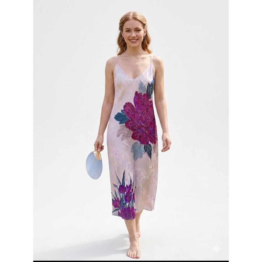 Natori Jubako Floral Slip Dress XL Dynasty Cristal Jennings Purple Peony Satin